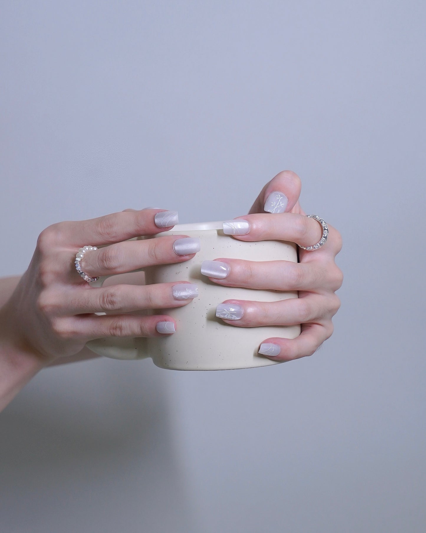 Short Coffin Cateye White Embossed Bamboo Press On Nails