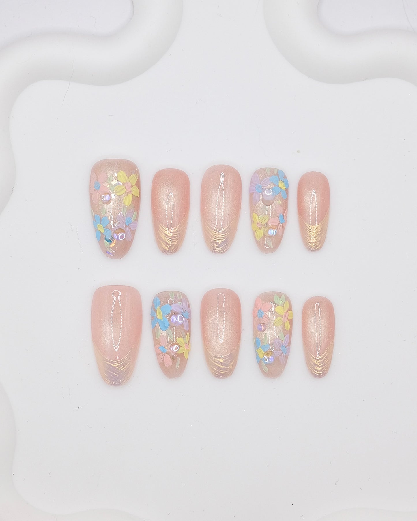 Long Almond Pink Base & Colorful Flower Press On Nails