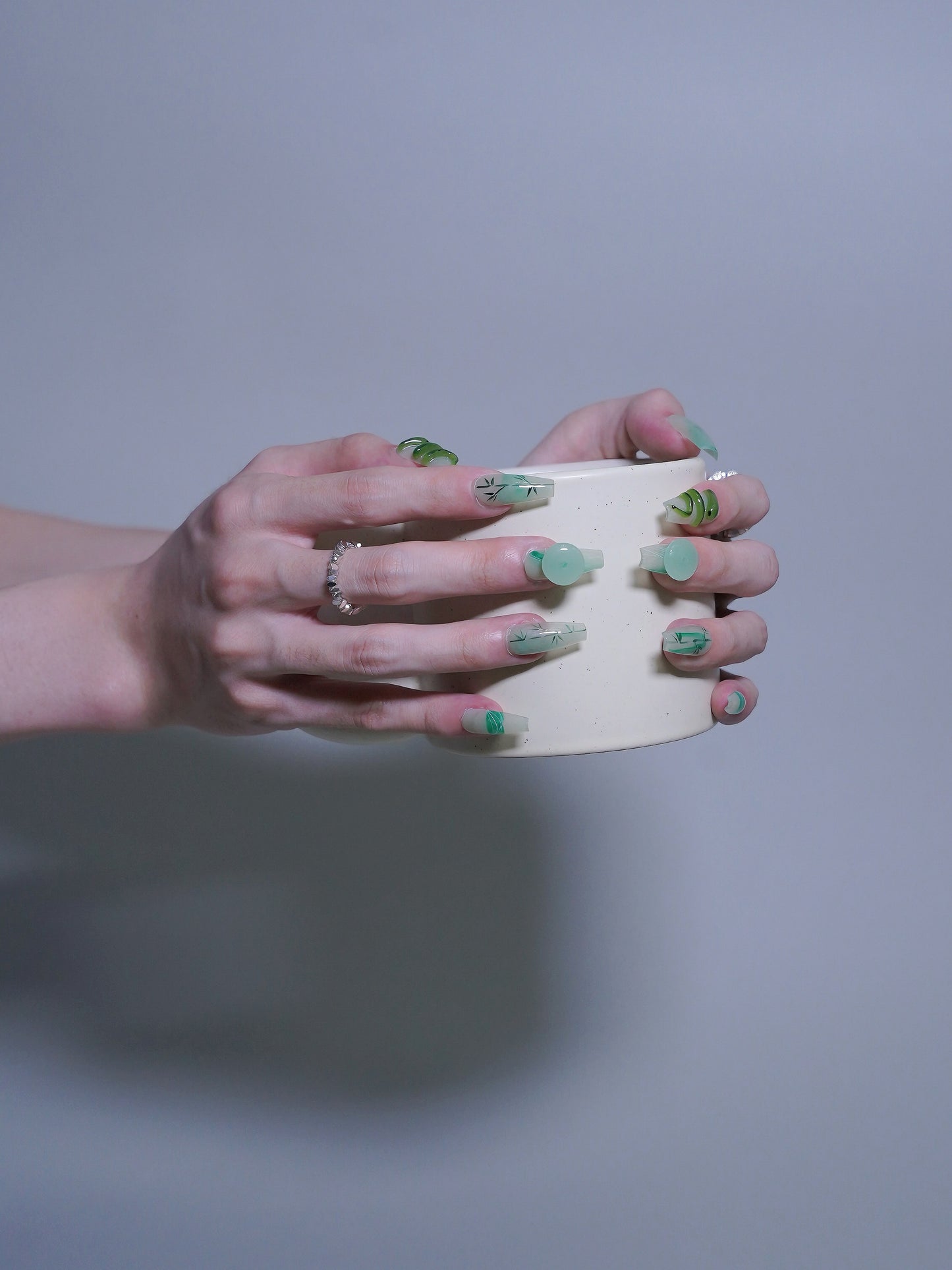 Long Coffin Green Bamboo & Jade Accessories Press On Nails