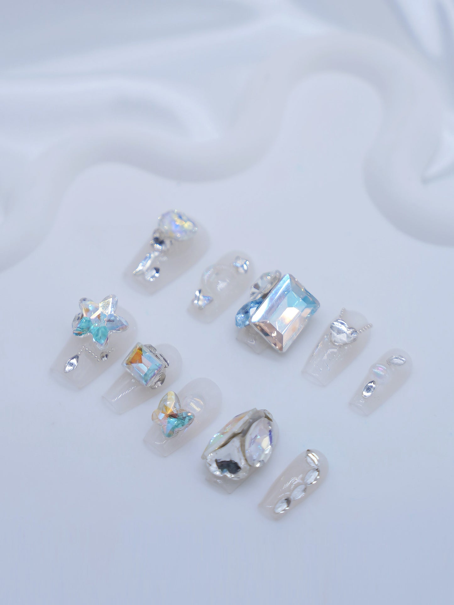 Mid-Long Coffin White Shine On Crazy Diamond Press On Nails