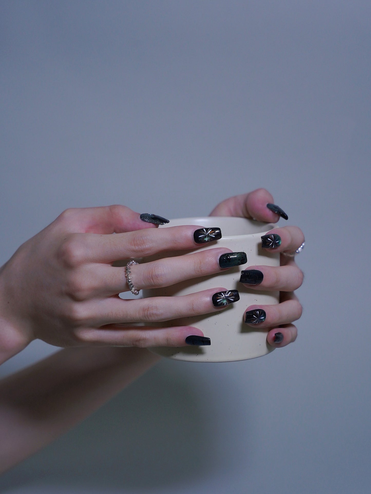 Mid-Long Coffin Cateye Shiny Fireworks & Black Kitty Press On Nails