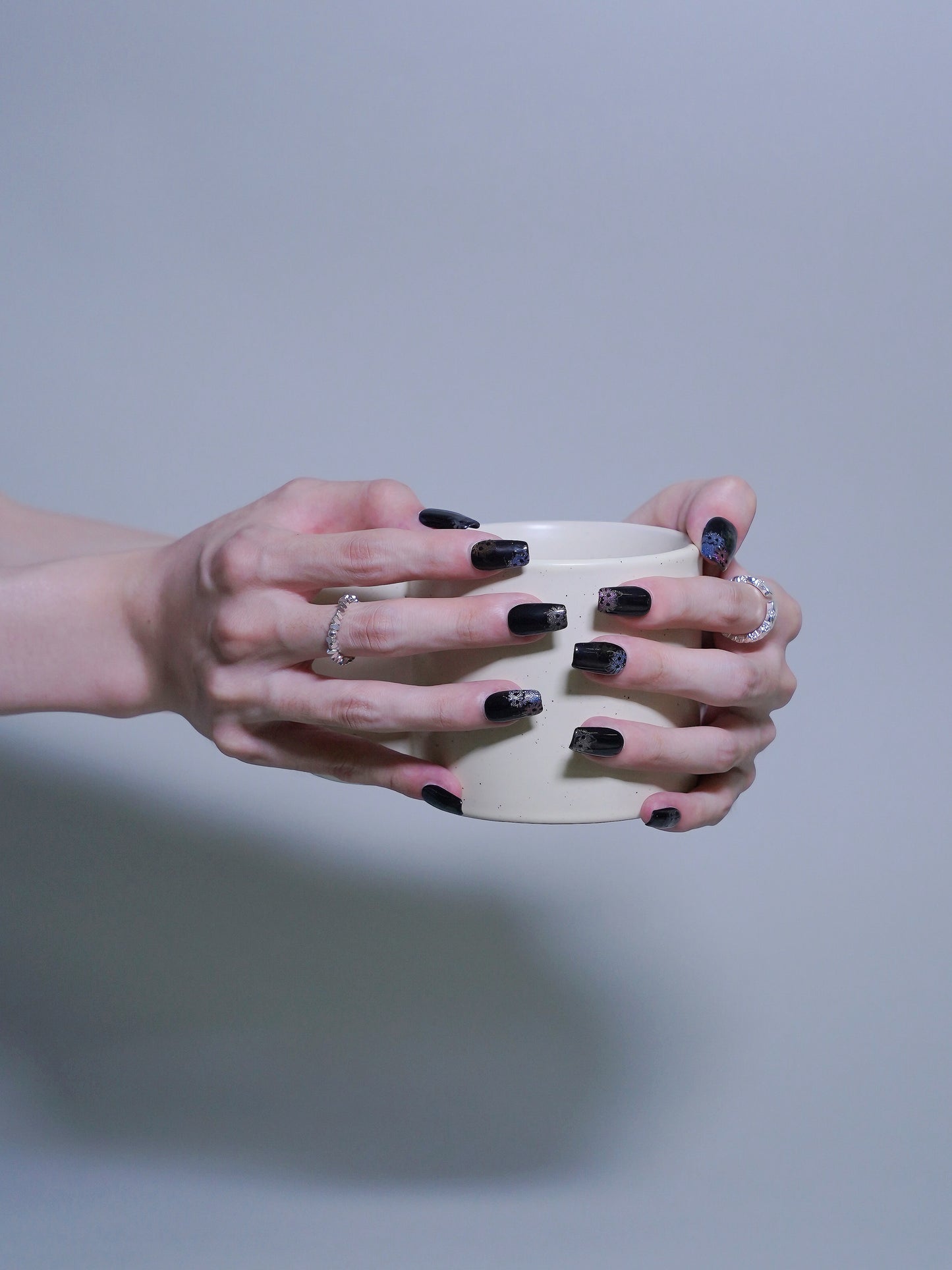 Mid-Long Coffin Cateye Shiny Black Cute Kitty Press On Nails