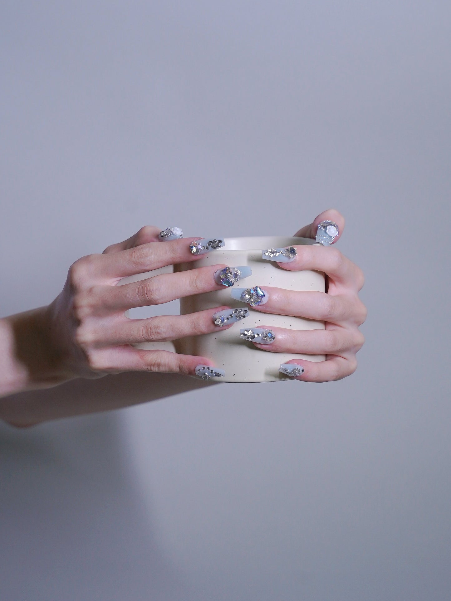 Long Coffin Blue Crazy Diamond & Flower Press On Nails