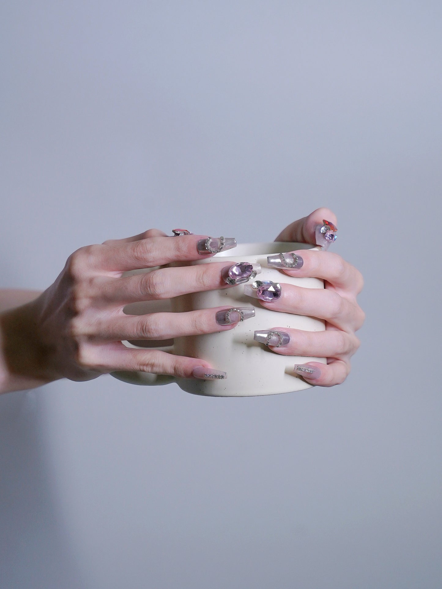 Long Coffin Love Heart & Pink Diamond Press On Nails