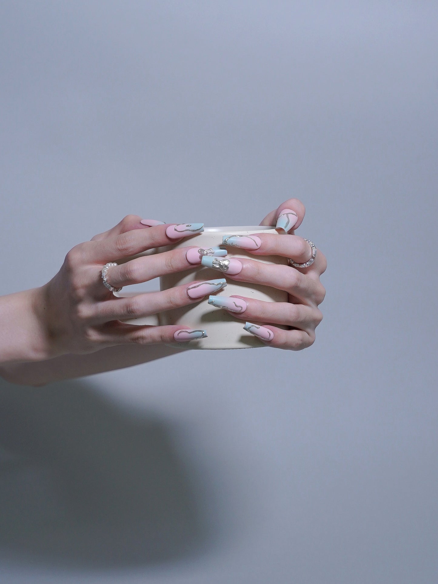 Extra Long Coffin Pink & Mint Matte Embossed Heart Bleeding Press On Nails