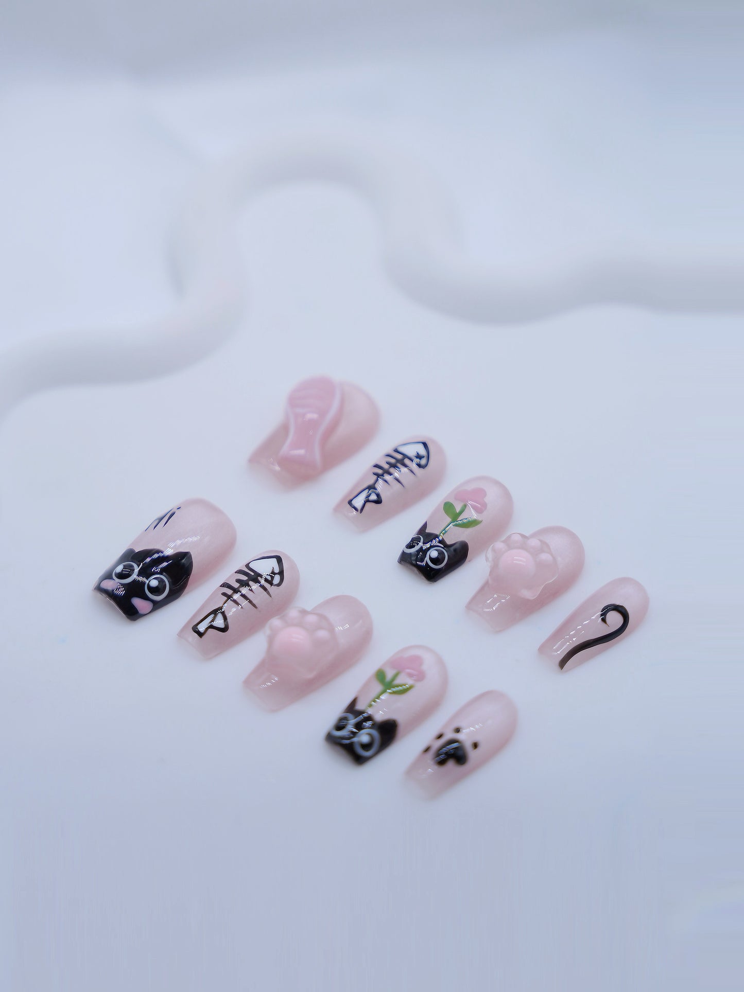 Mid-Long Coffin Cateye 3D Accessories Pink Black Cat Press On Nails