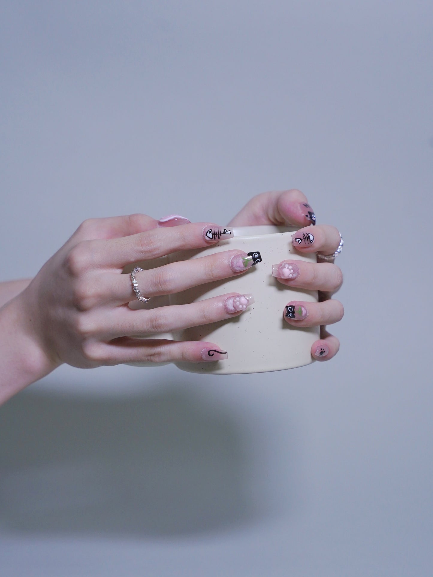 Mid-Long Coffin Cateye 3D Accessories Pink Black Cat Press On Nails