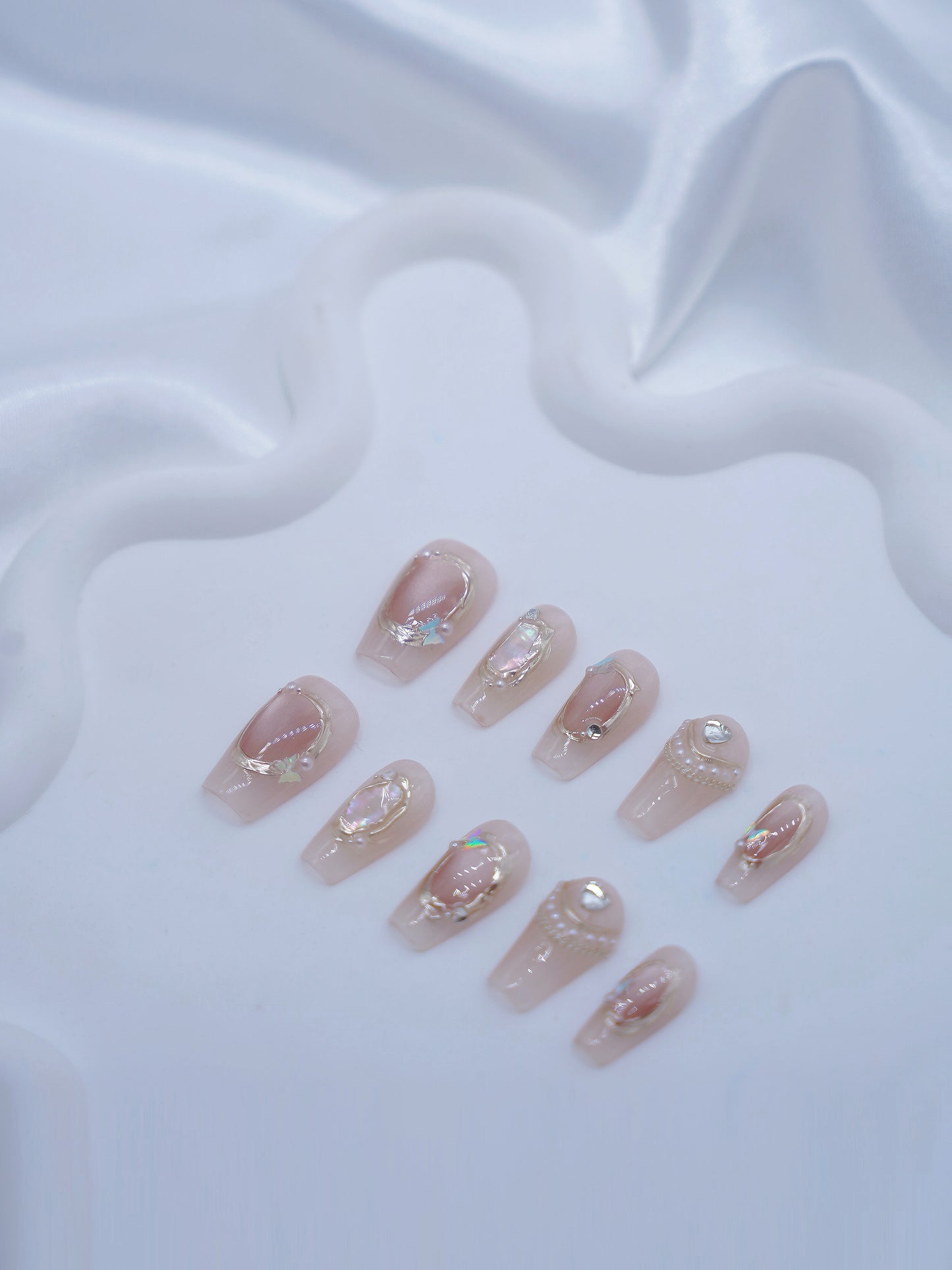 Mid-Long Coffin Cateye Pink Mirror Diamond Press On Nails