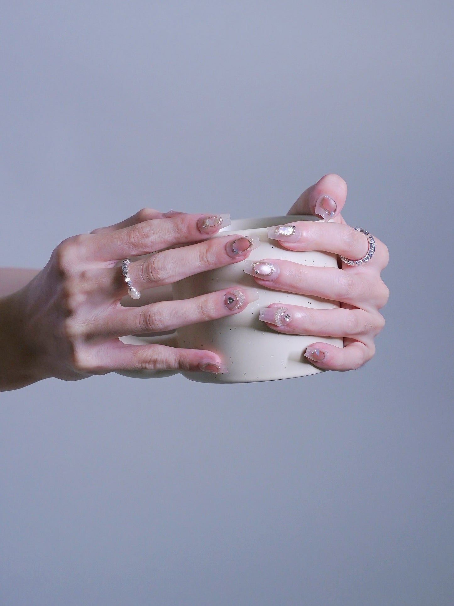 Mid-Long Coffin Cateye Pink Mirror Diamond Press On Nails