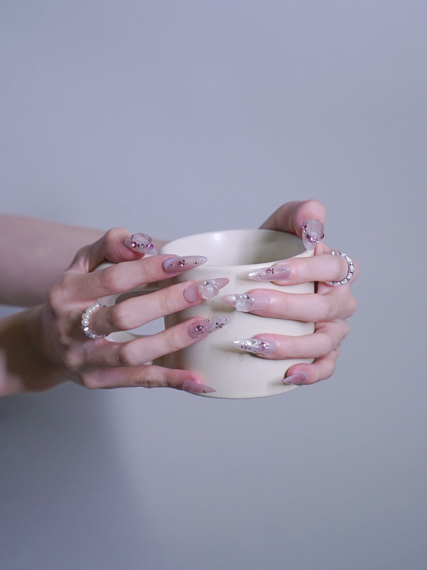 Extra Long Oval Pink Princess Diamond Press On Nails