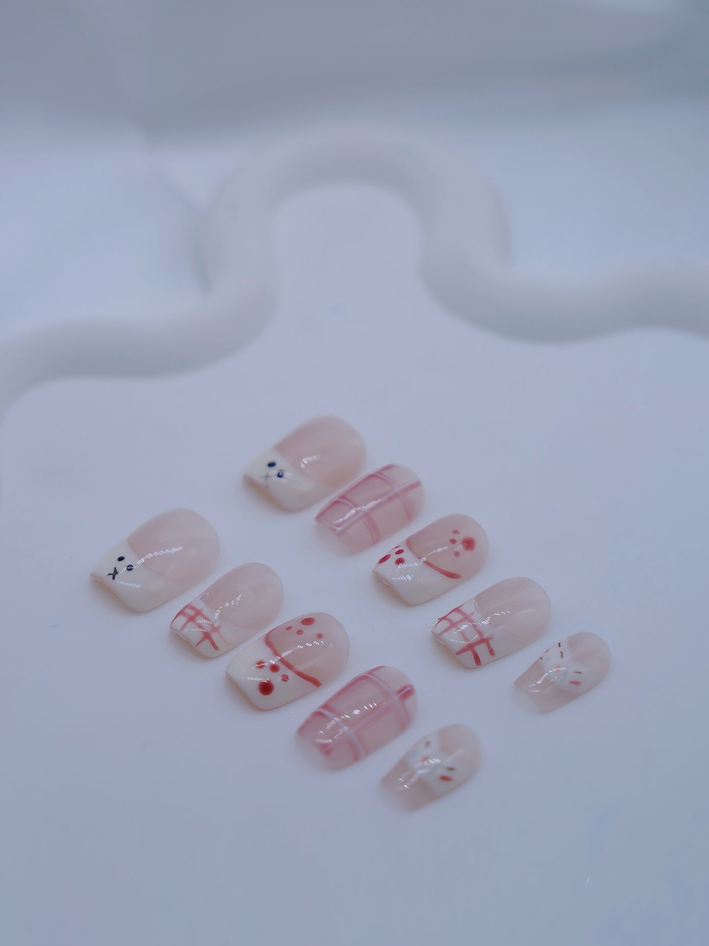 Short Rounded Pink & Nude Color Cute Kitty Press On Nails