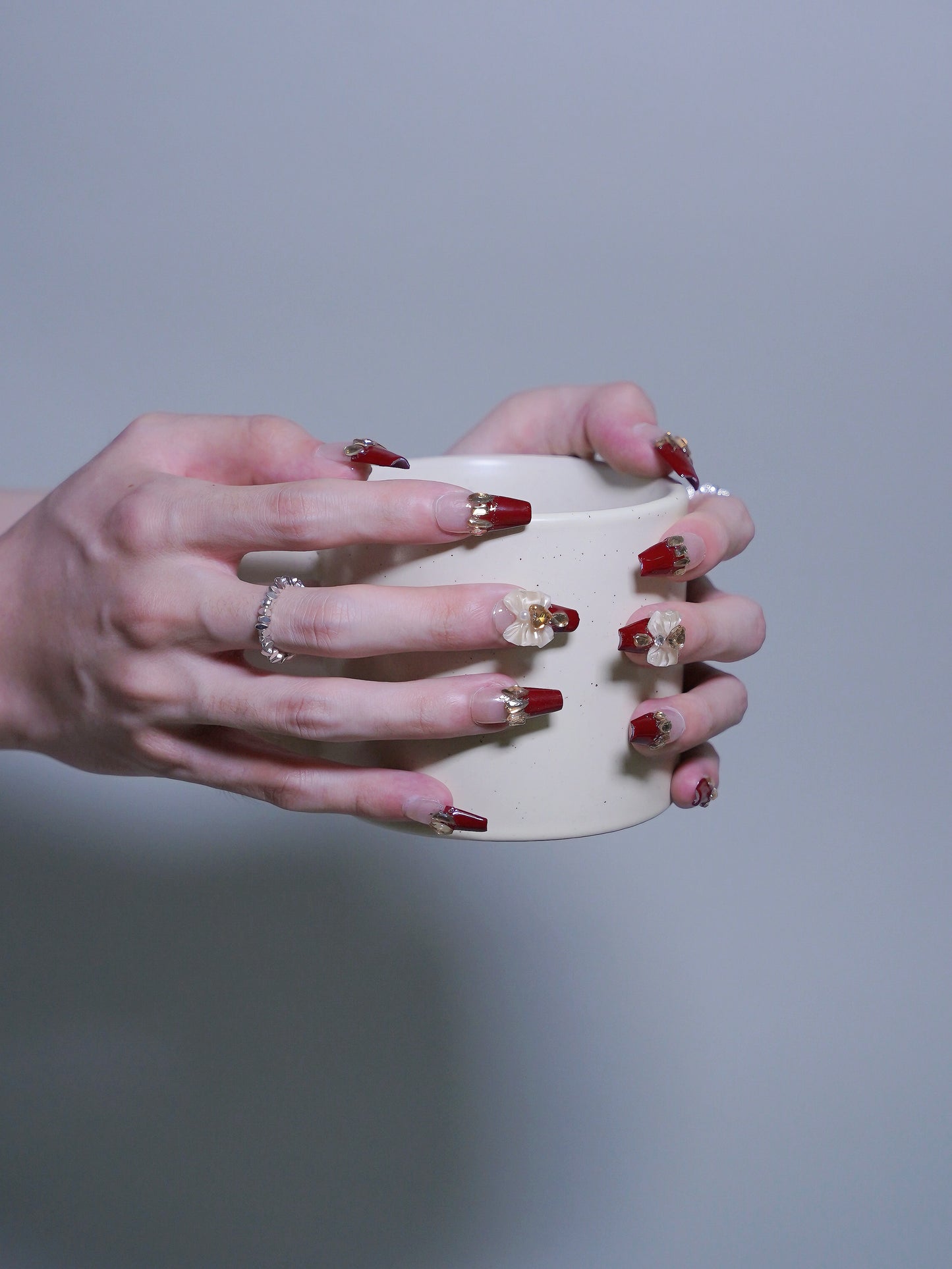 Long Coffin Red Wine & Pink Diamond Press On Nails