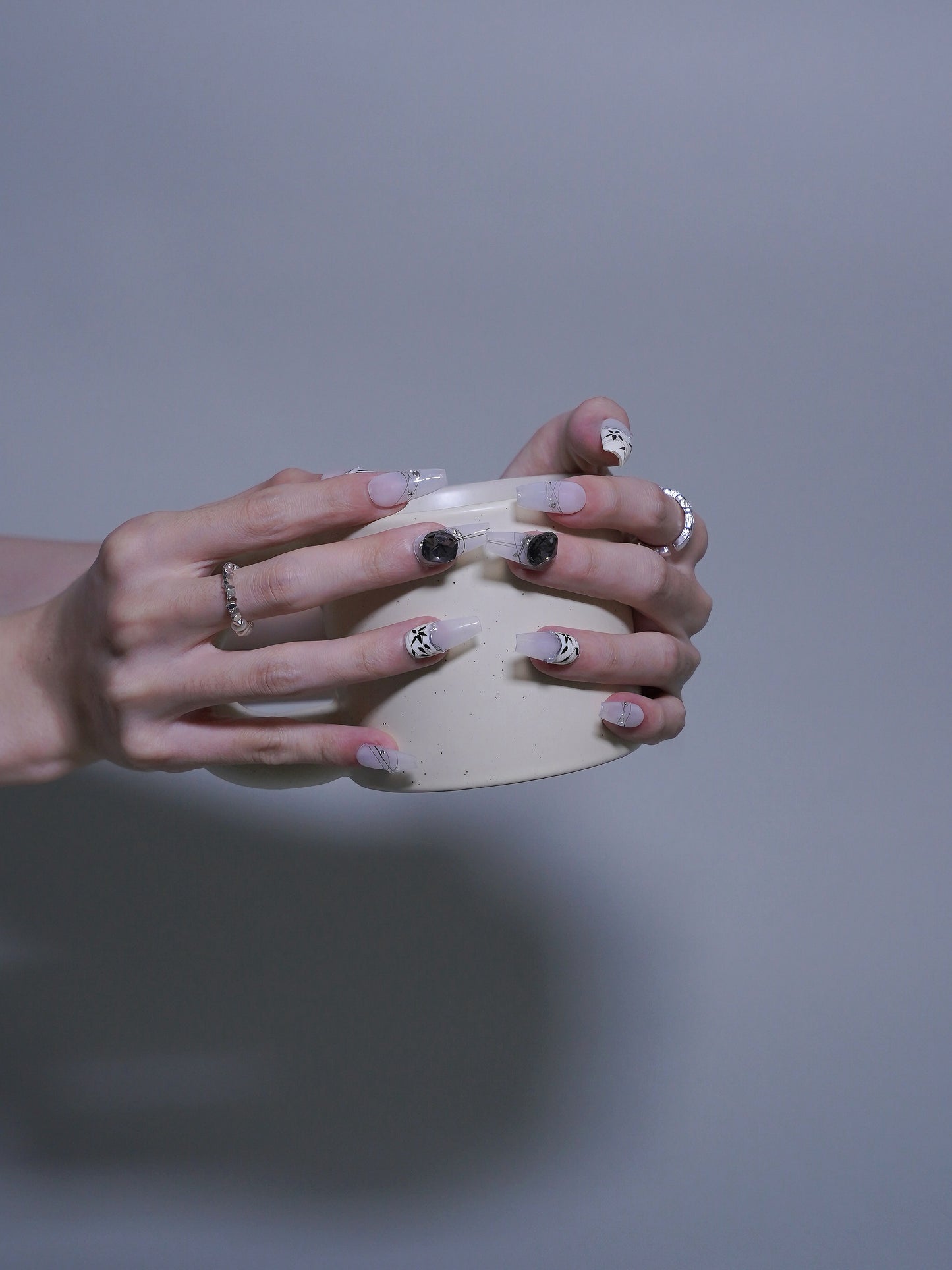 Long Coffin White Pearl & Black Diamond With Bamboo Press On Nails