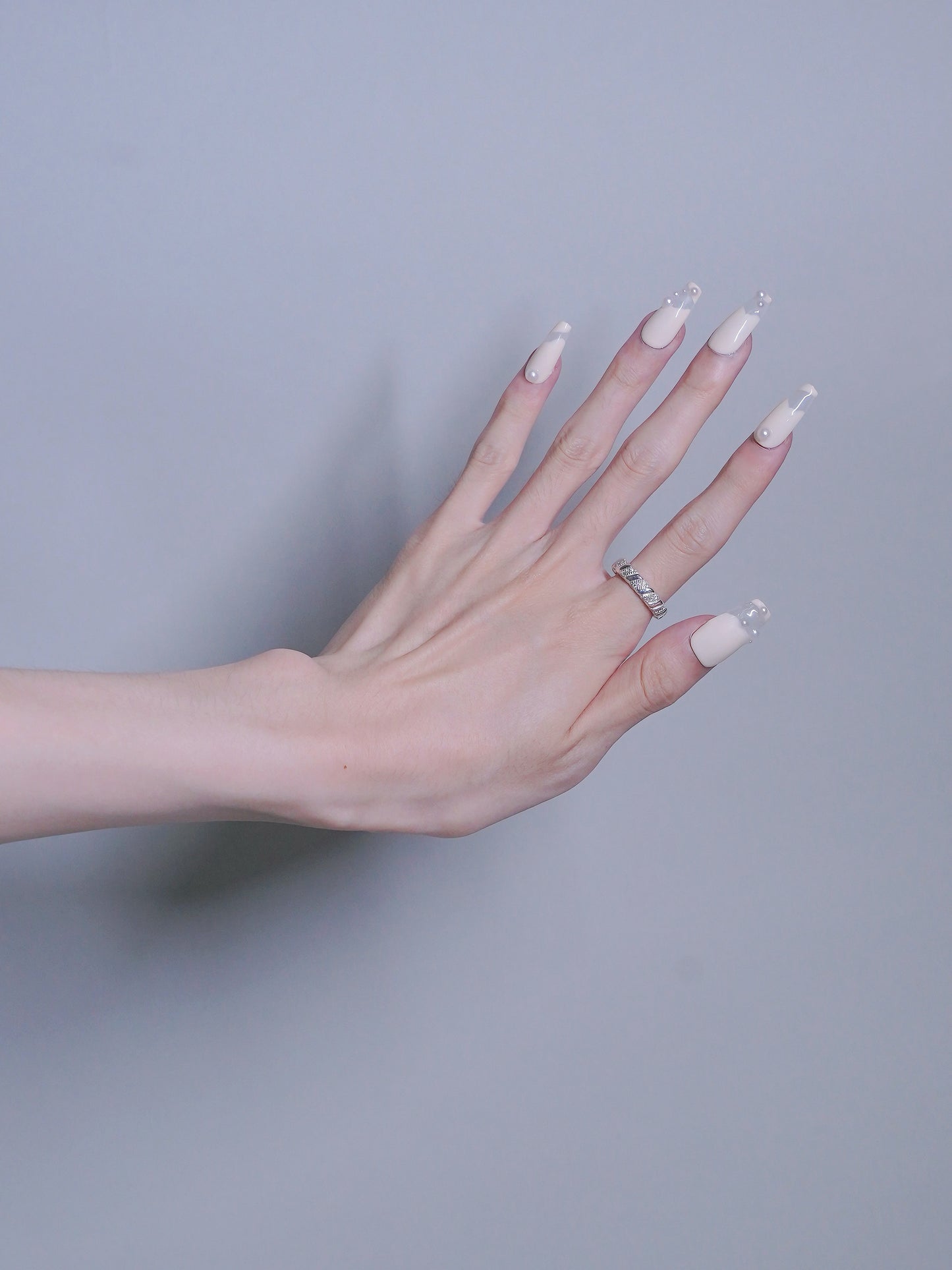 Long Coffin White Pearl Princess Press On Nails