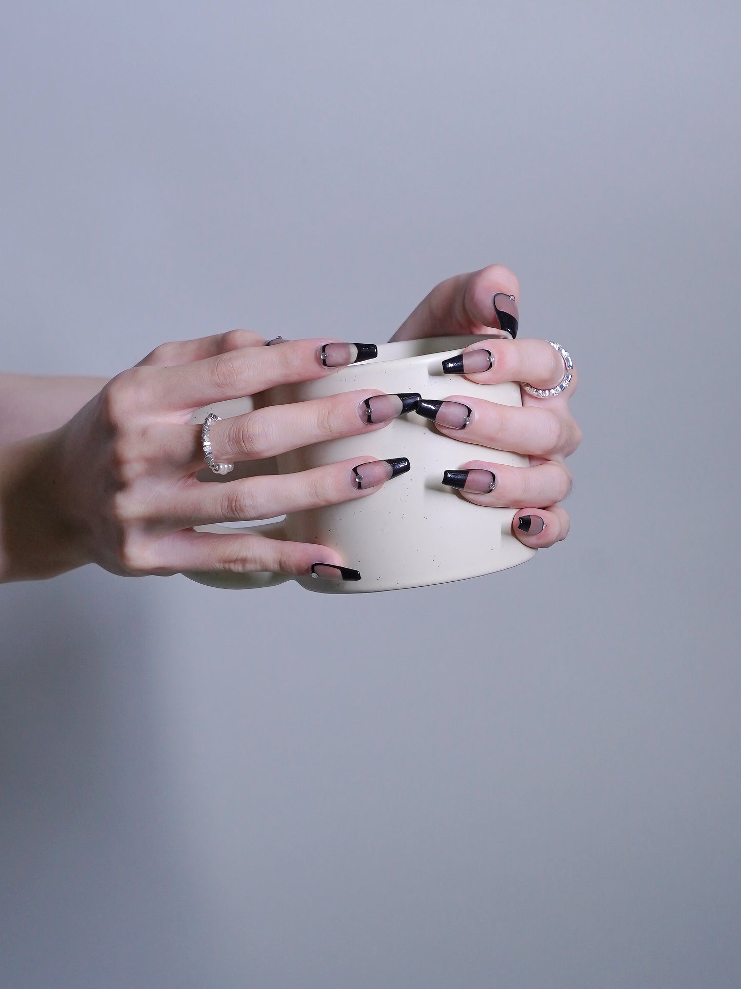 Long Coffin Black & Transparent Eclipse Elegance Diamond Press On Nails