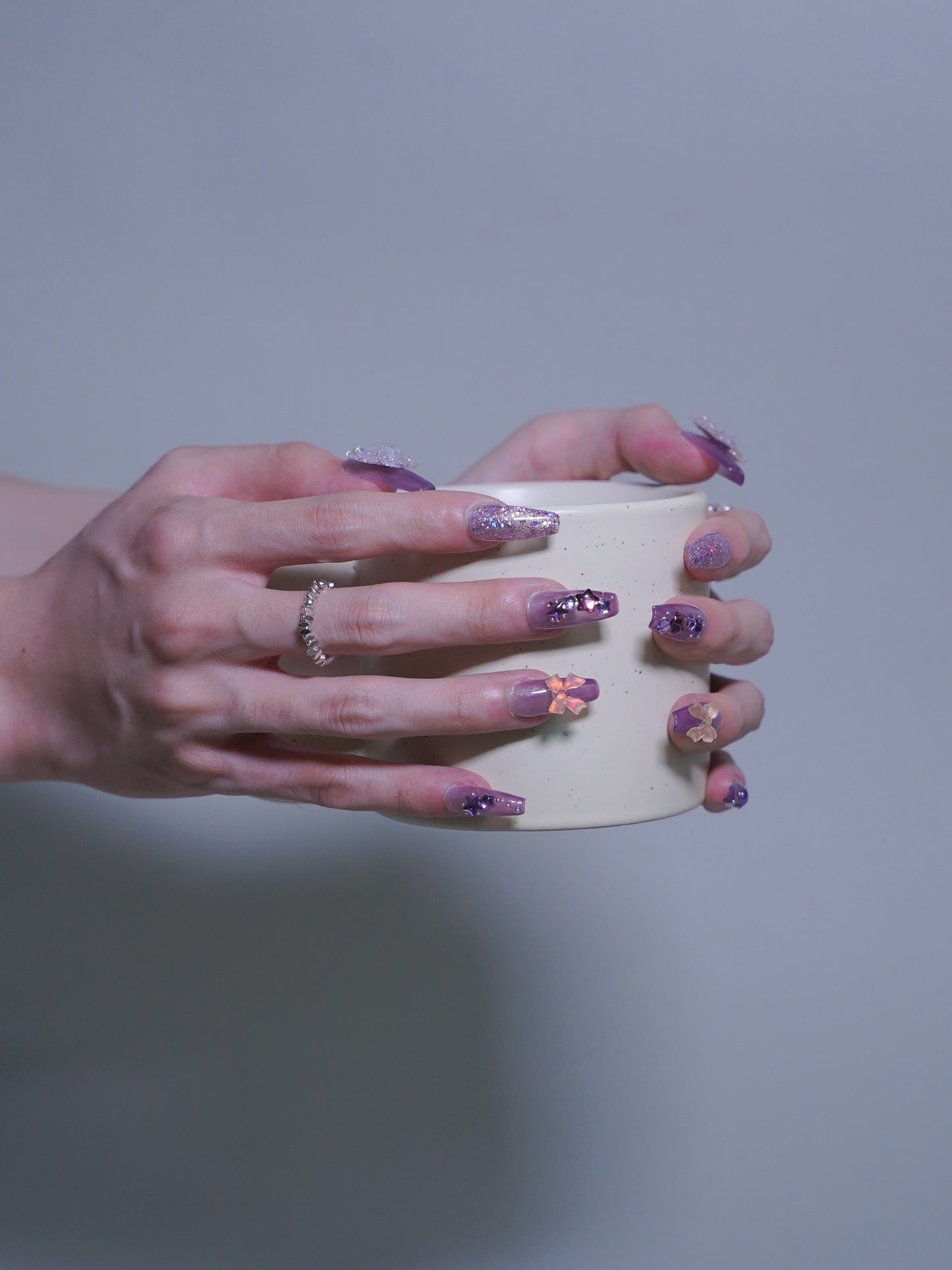 Long Coffin Shiny Purple With Diamond Butterfly Press On Nails