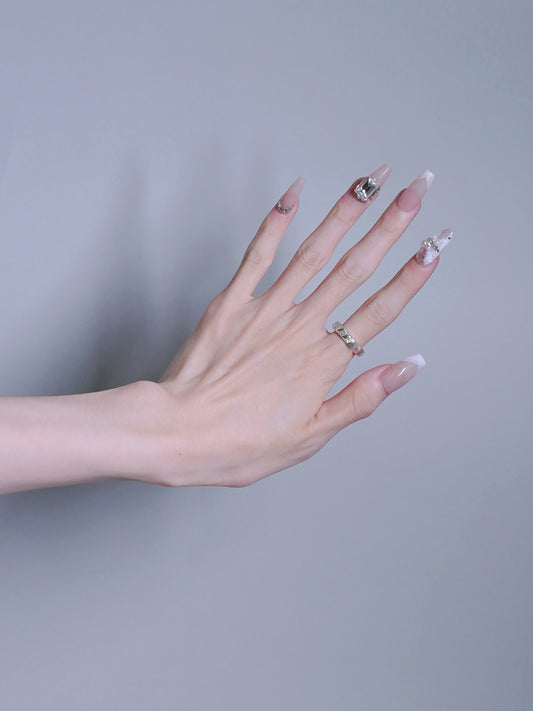 Long Coffin Pink Bubble & Square Diamond Press On Nails