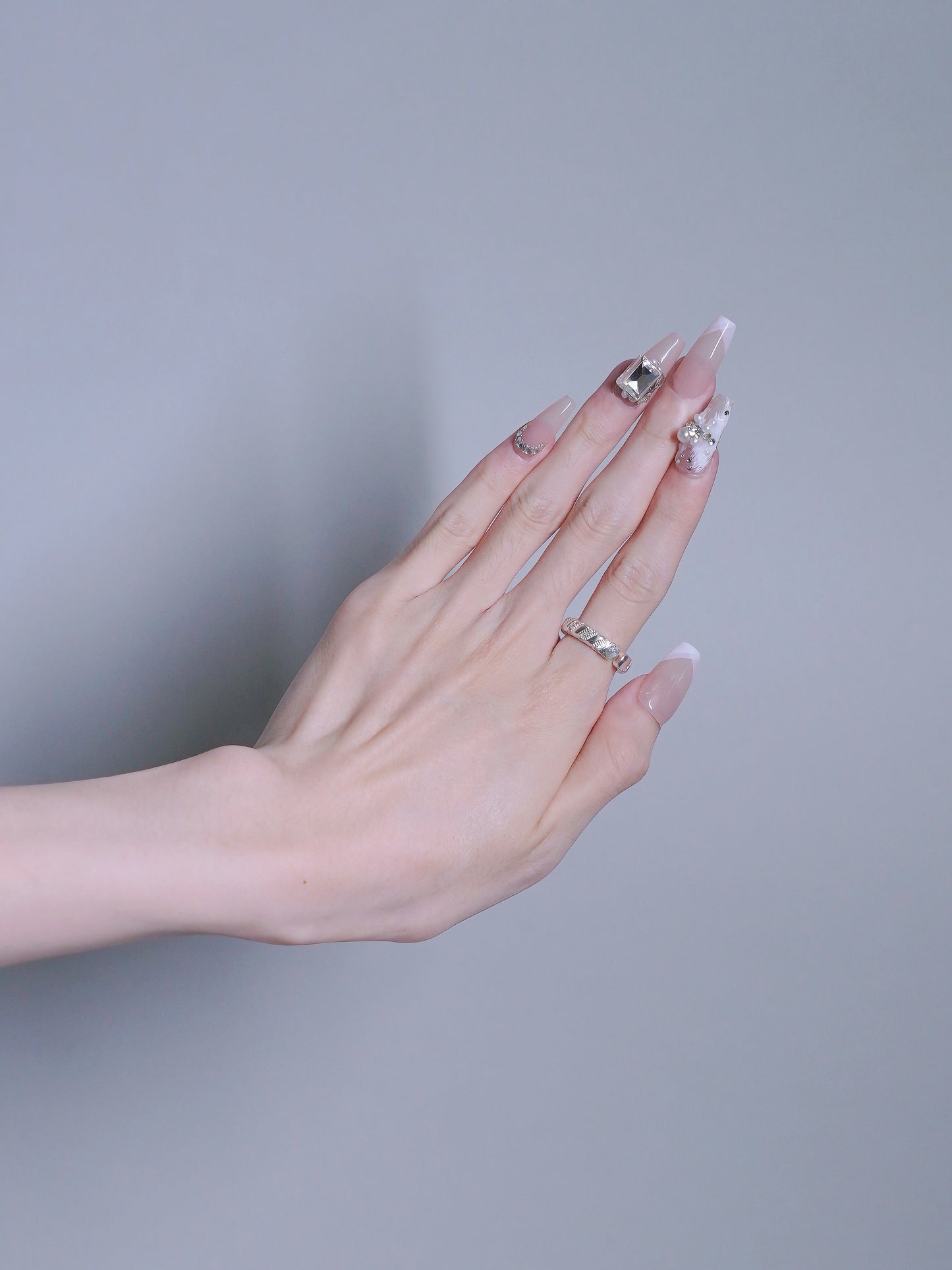 Long Coffin Pink Bubble & Square Diamond Press On Nails
