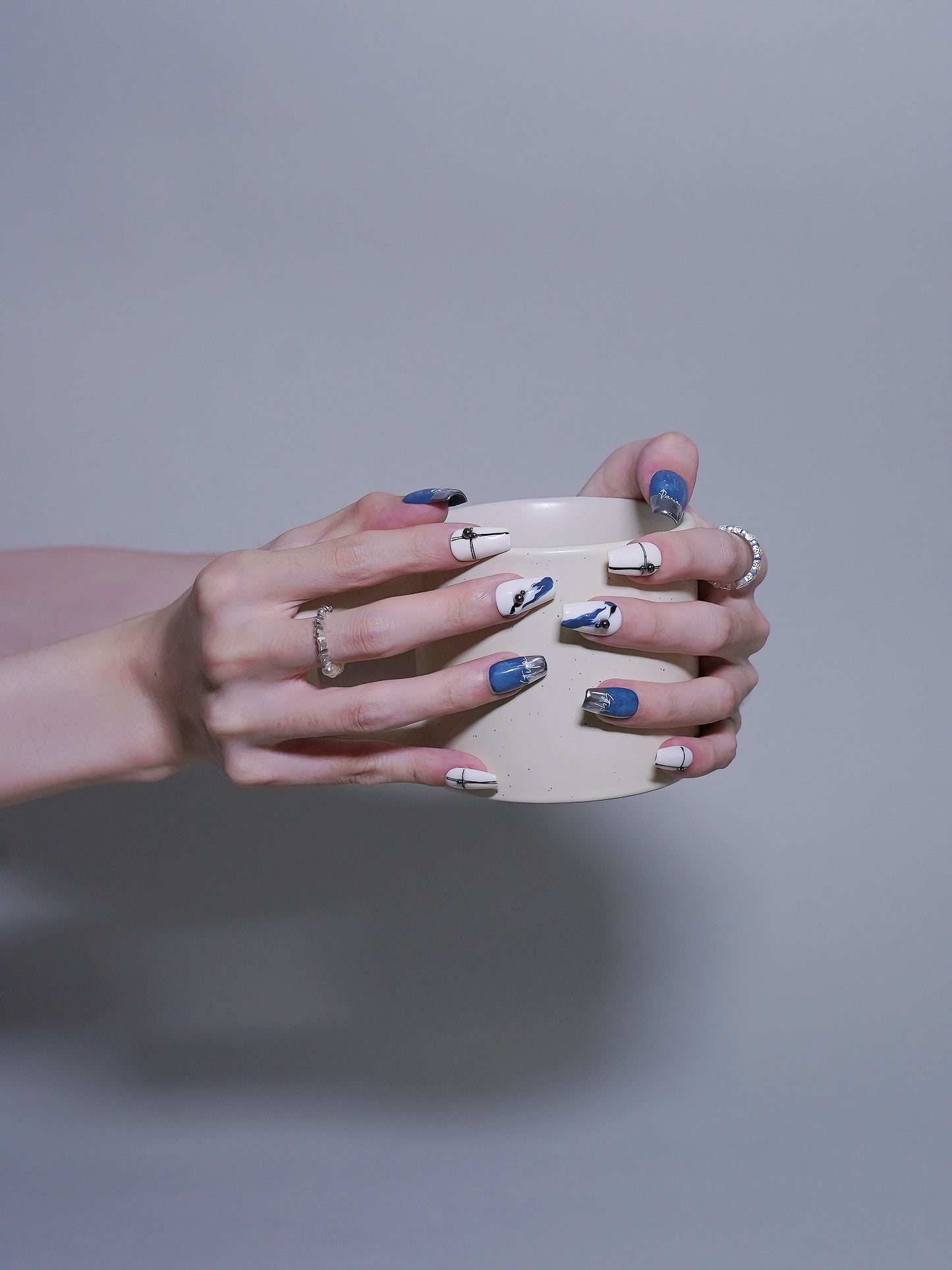 Mid-Long Coffin Pearl Blue & White Porcelain Press On Nails