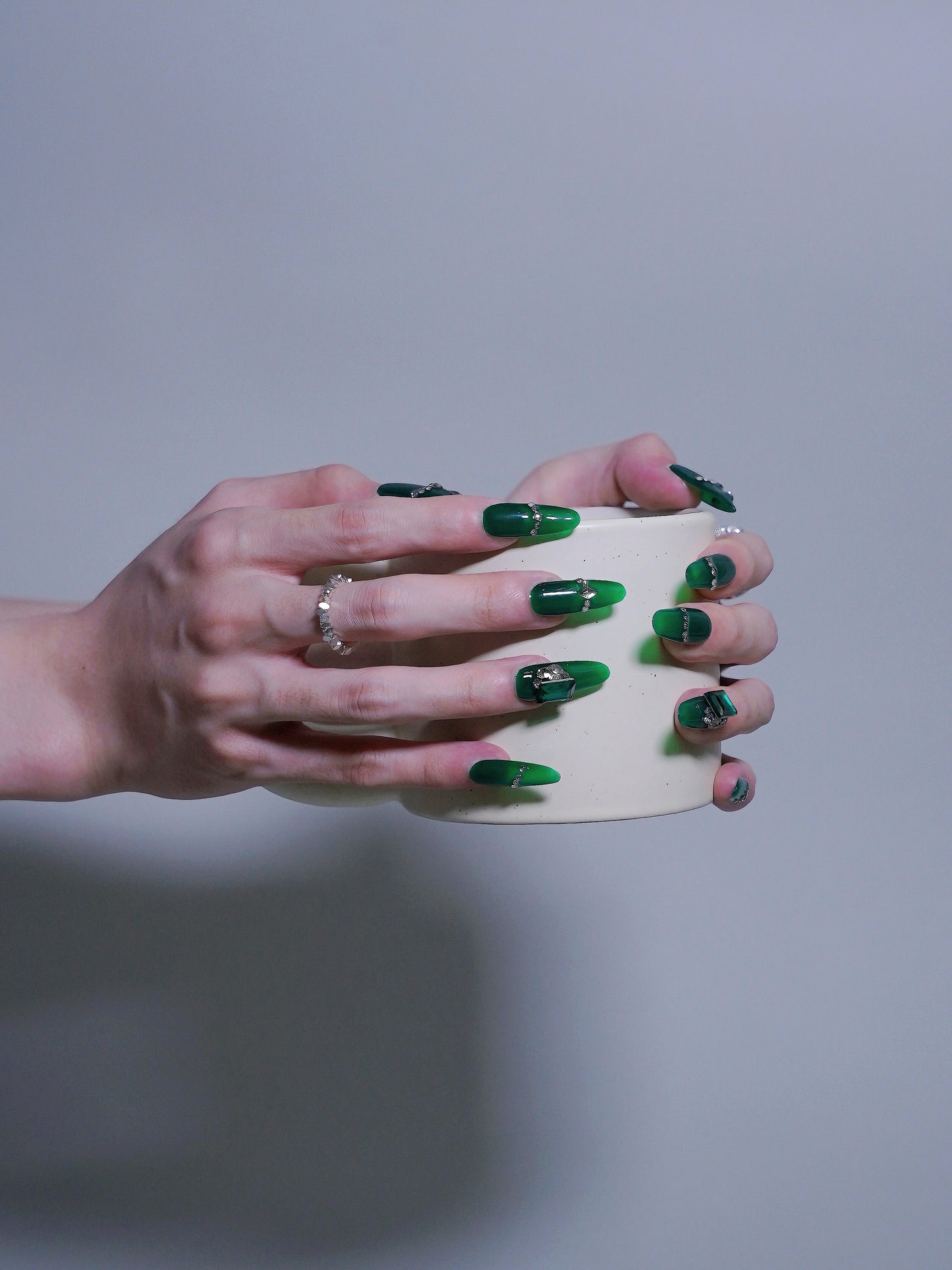 Long Oval Green Empire Gem Press On Nails
