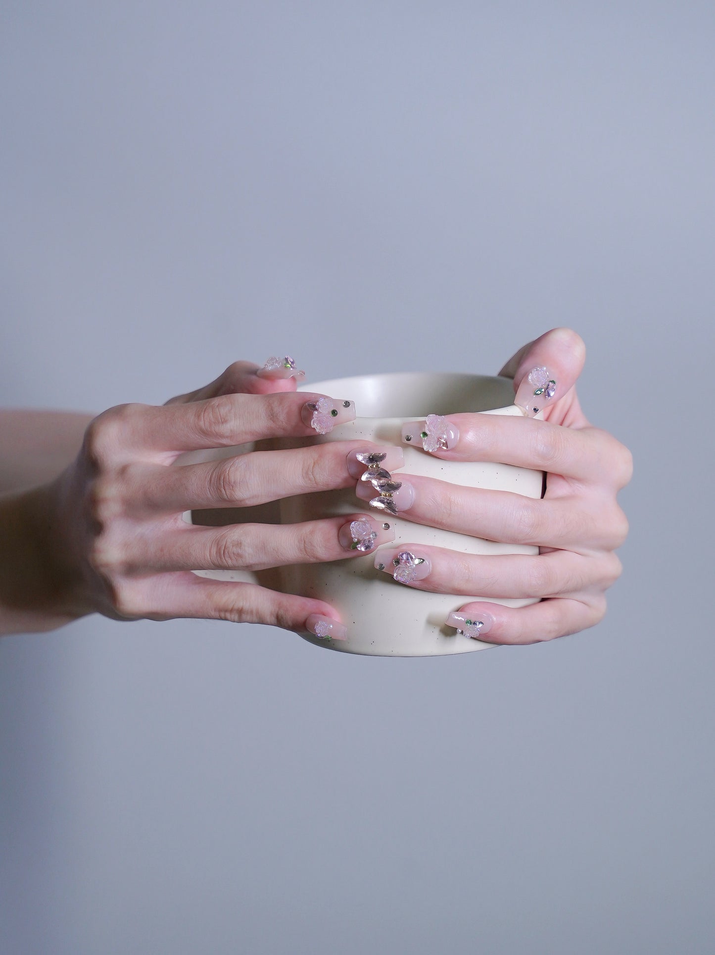 Mid-Long Coffin Pink Diamond & Purple Butterfly Press On Nails