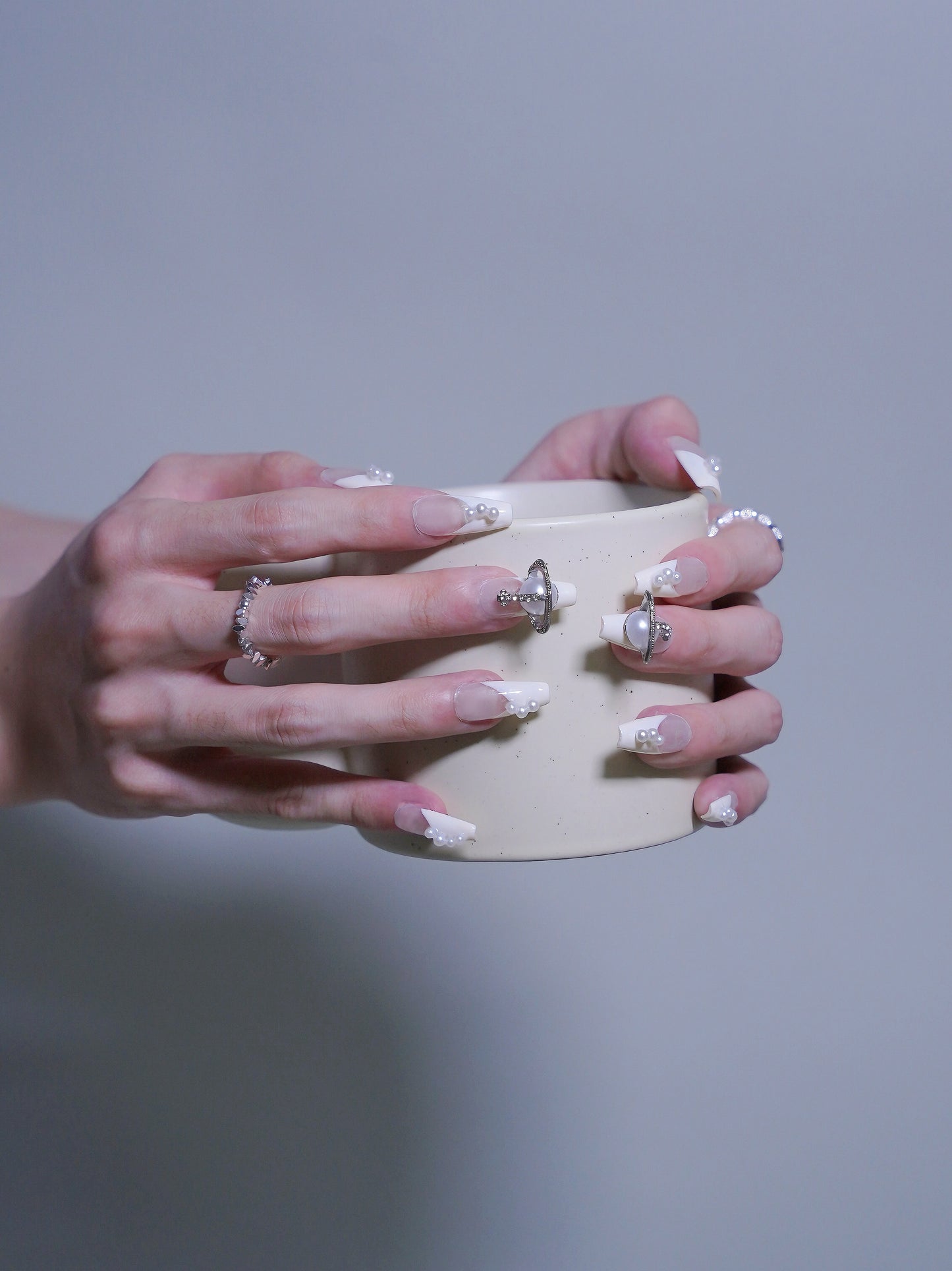Long Coffin White Pearl & Punk Accessories Press On Nails