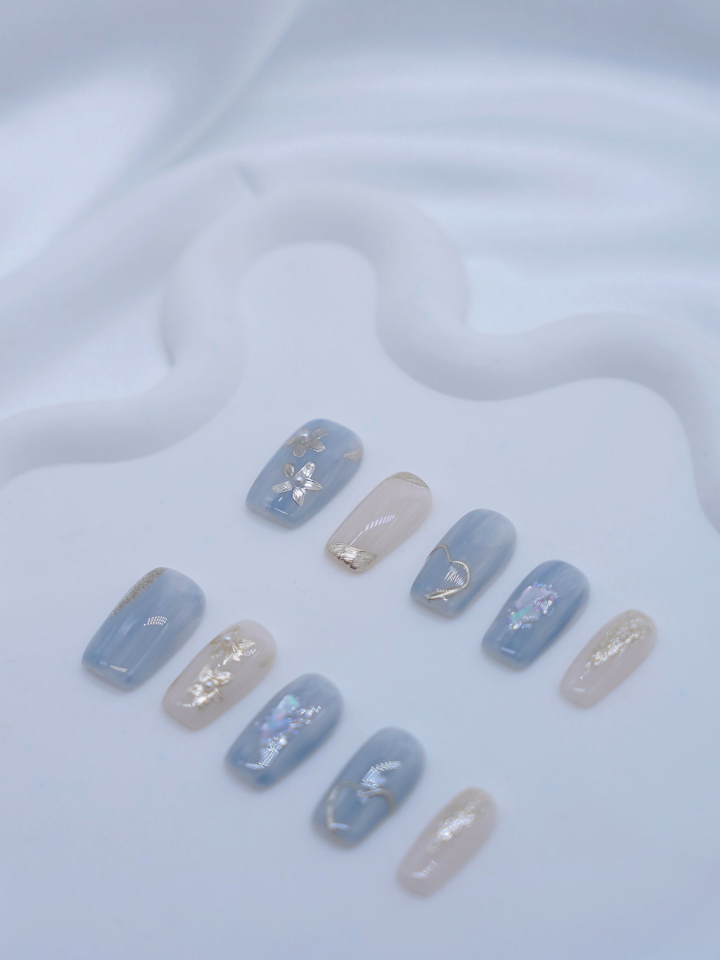 Mid-Long Coffin Cyan With Embossed Flower Press On Nails