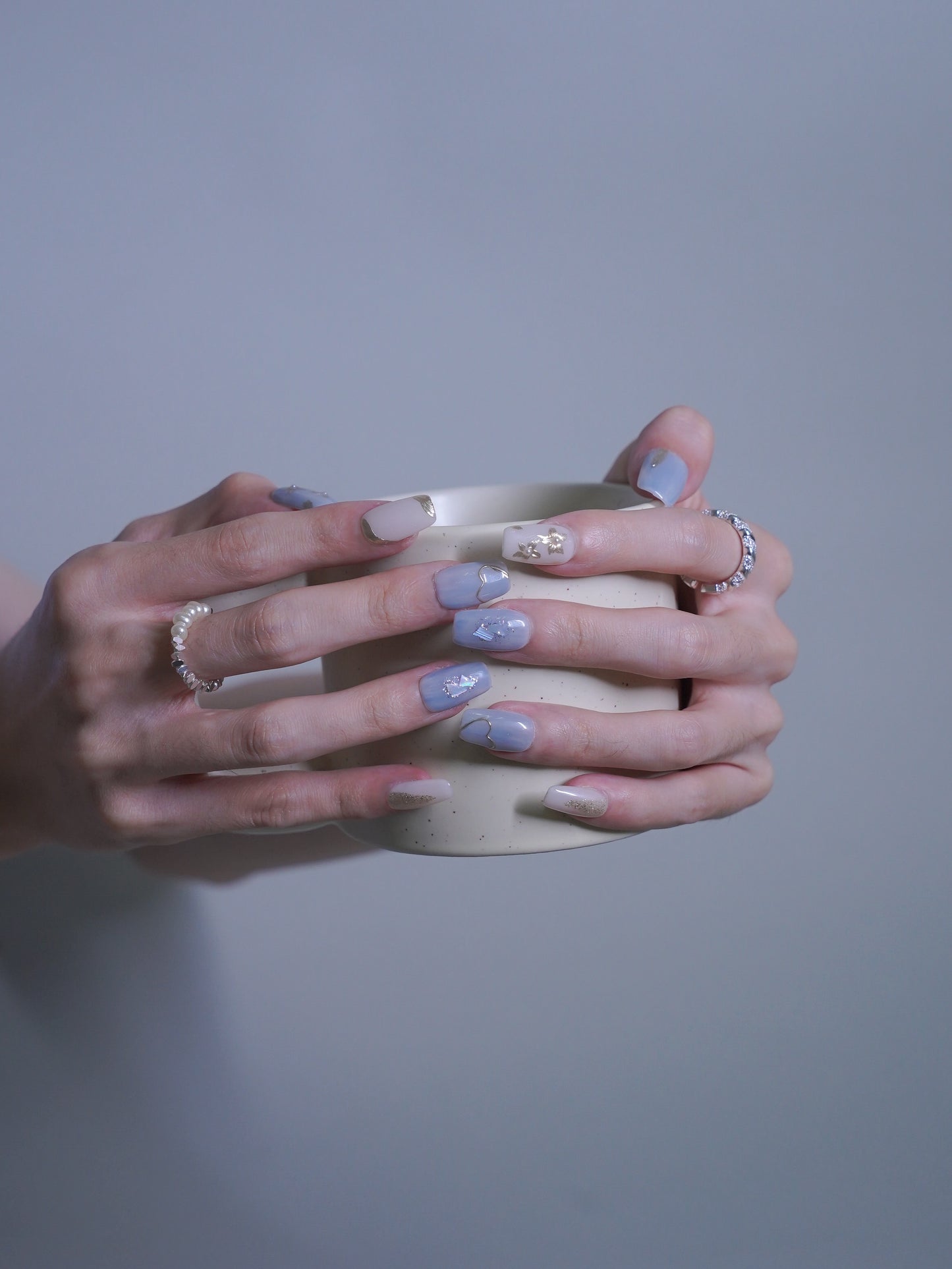 Mid-Long Coffin Cyan With Embossed Flower Press On Nails