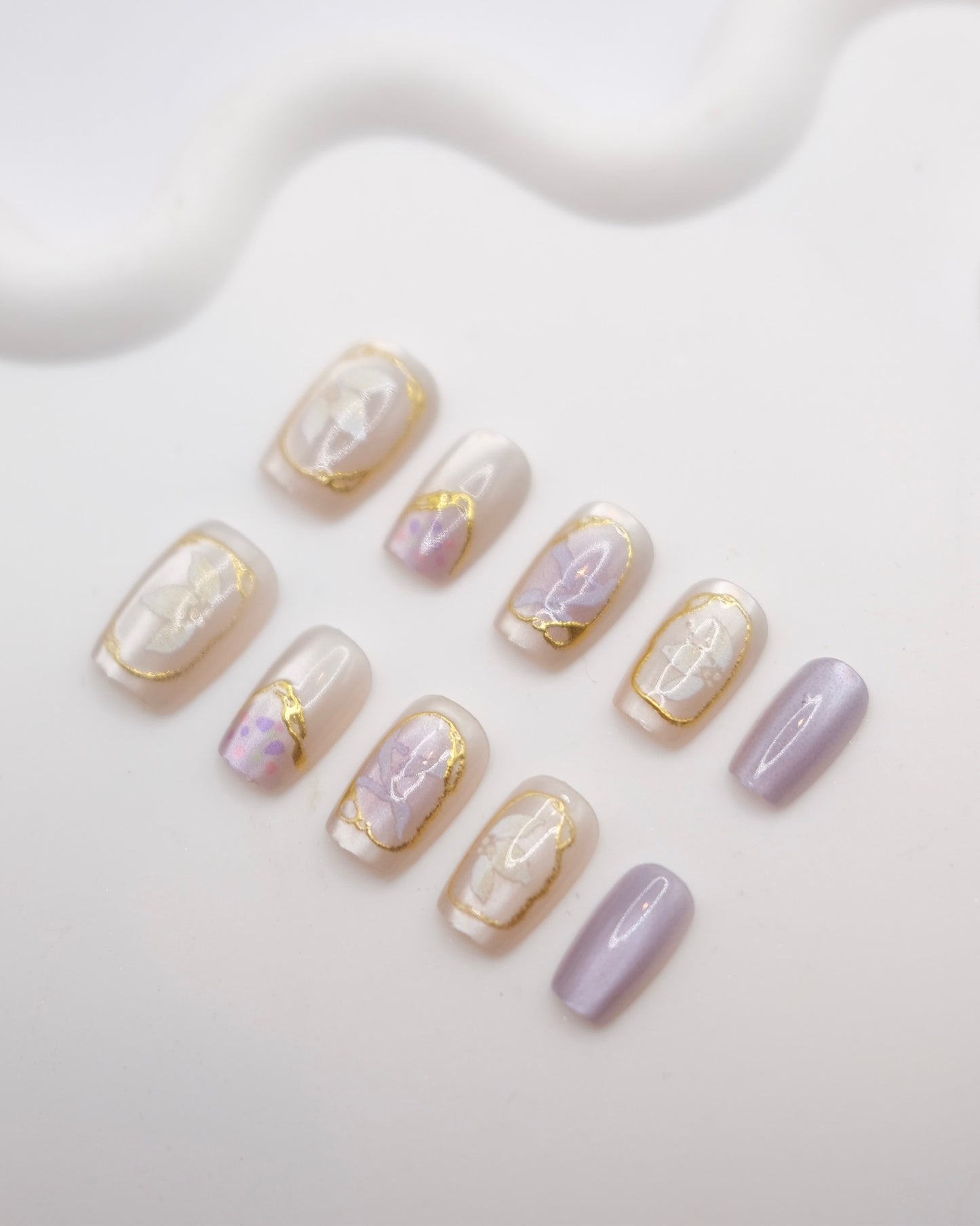 Short Coffin Gold and Purple Embossed Flower Press On Nails