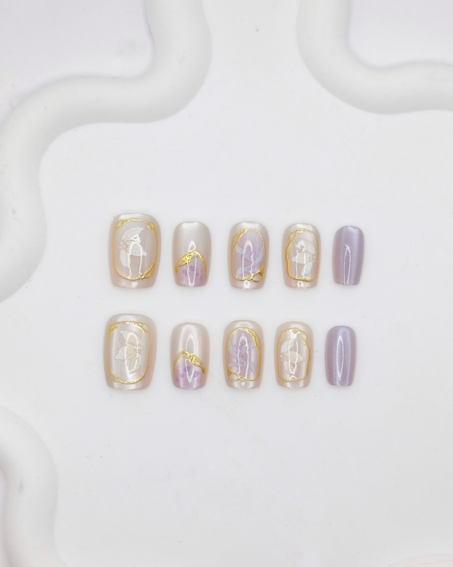 Short Coffin Gold and Purple Embossed Flower Press On Nails