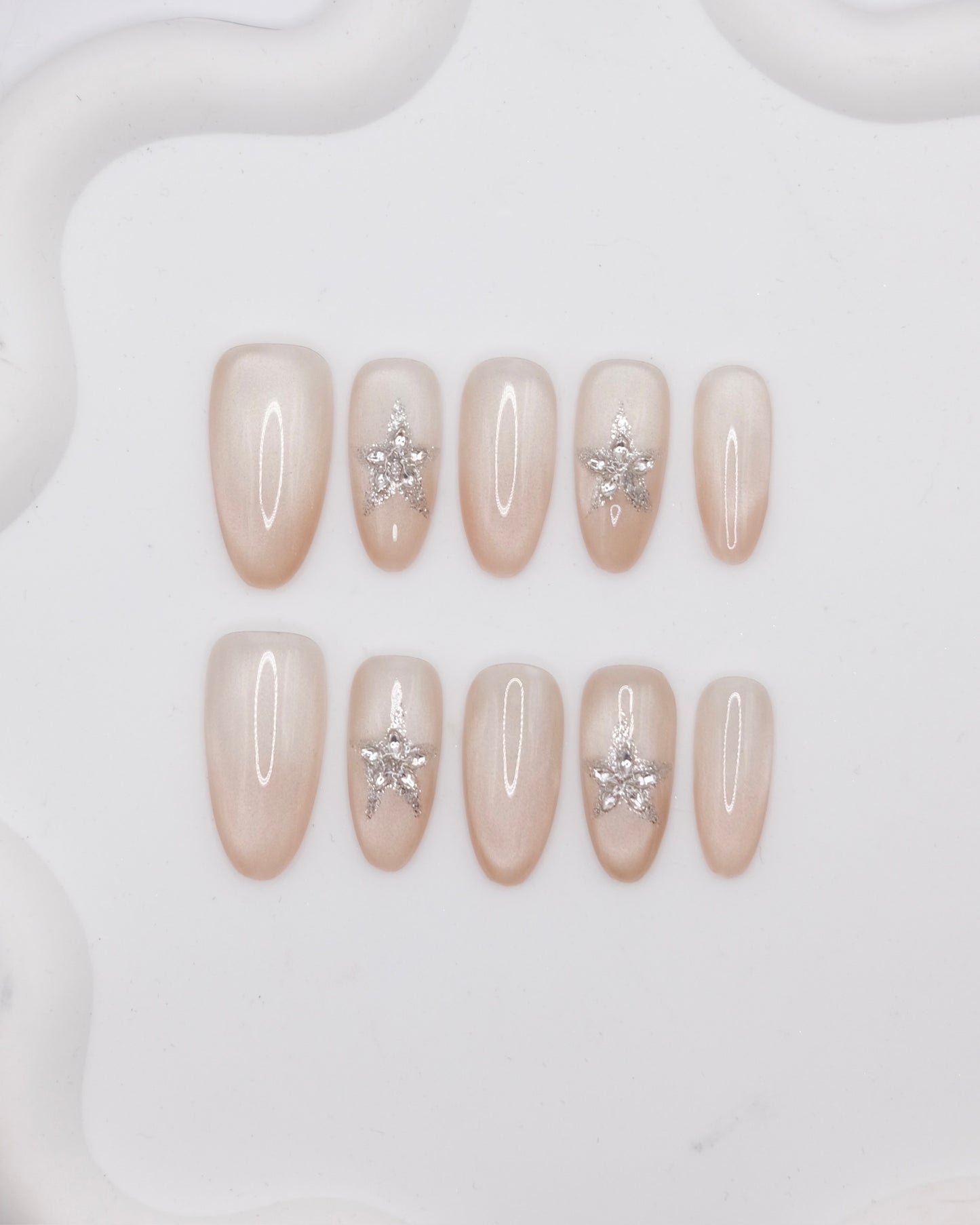 Long Oval Pink Diamond Star Press On Nails