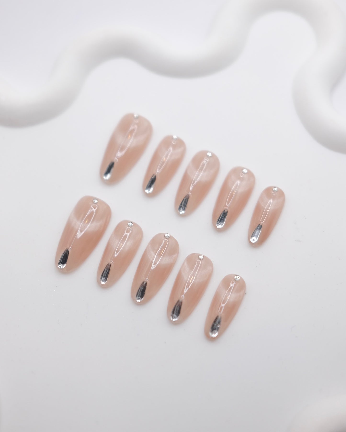 Long Almond Cat Eye Nude Diamond Press On Nails