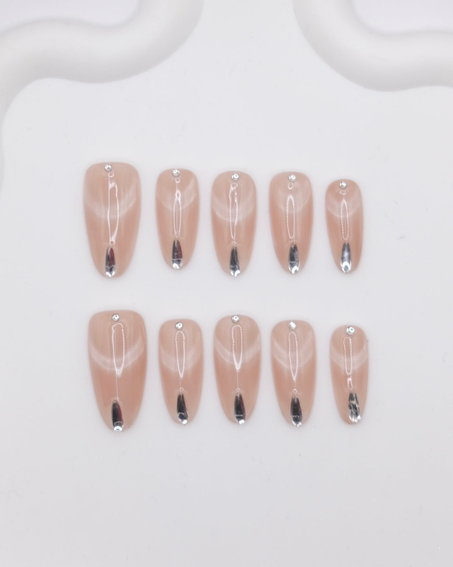 Long Almond Cat Eye Nude Diamond Press On Nails
