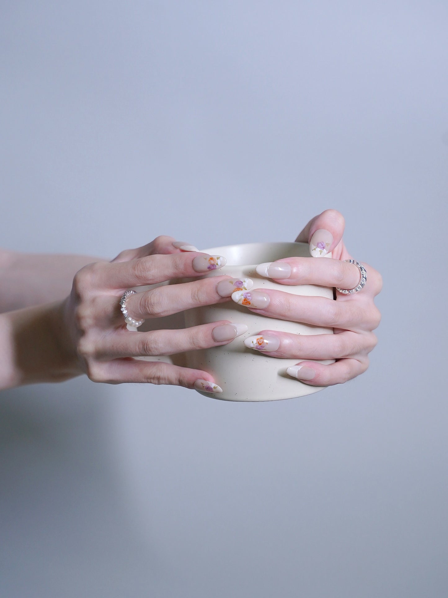 Long Almond White Flower Press On Nails