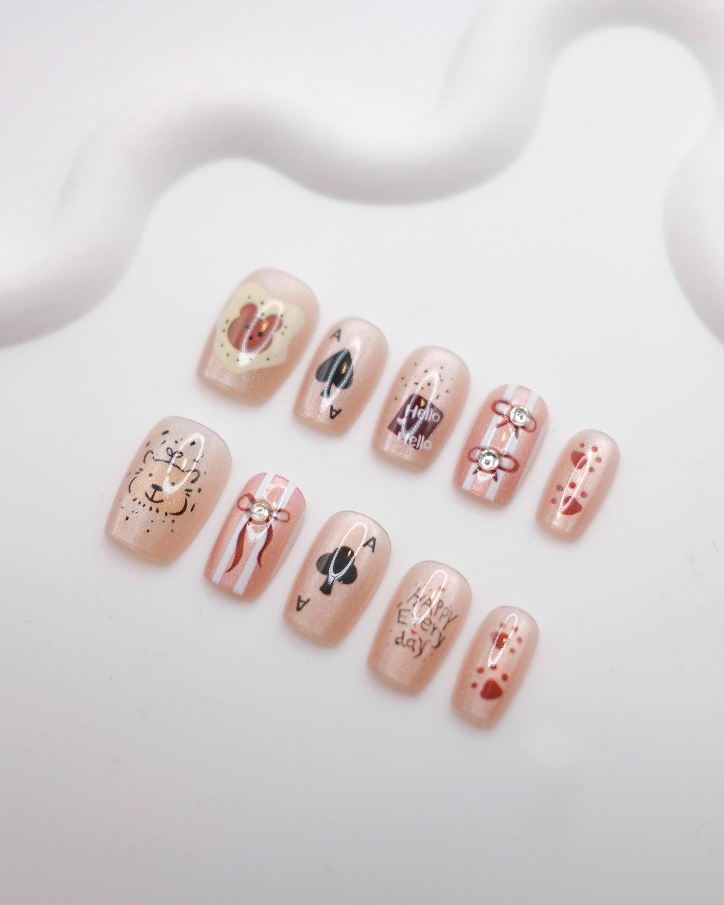 Short Coffin Pink Poker Bear Press On Nails