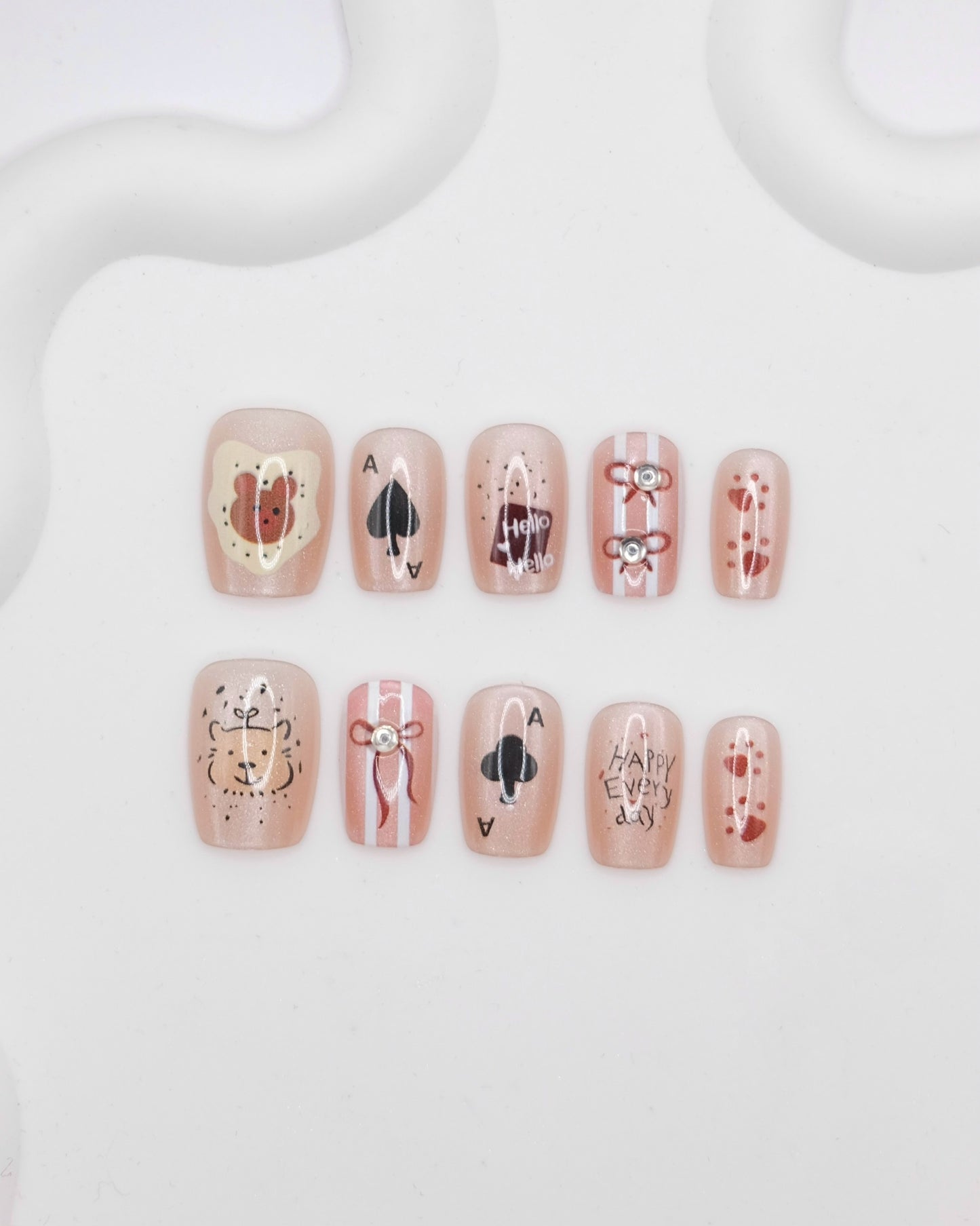 Short Coffin Pink Poker Bear Press On Nails