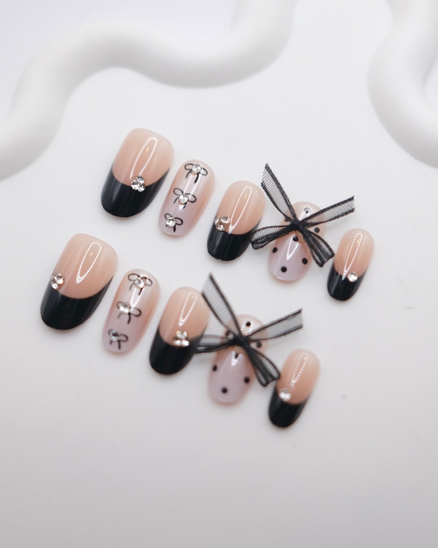 Short Oval Pink & Black French Manicure With Bowtie Press On Nails