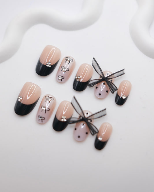 Short Oval Pink & Black French Manicure With Bowtie Press On Nails