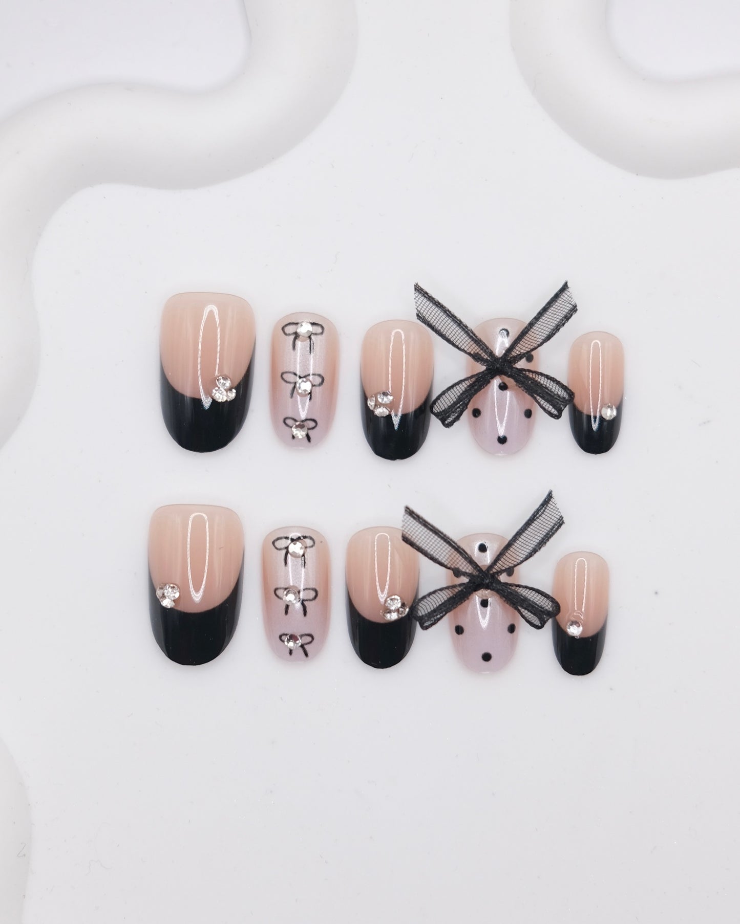 Short Oval Pink & Black French Manicure With Bowtie Press On Nails