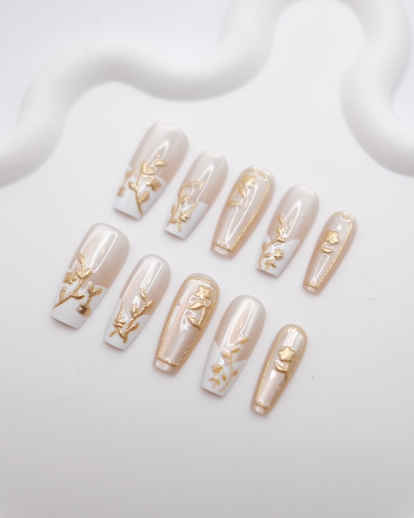 Long Coffin Pink & White French Manicure With Gold Embossed Flower Press On Nails