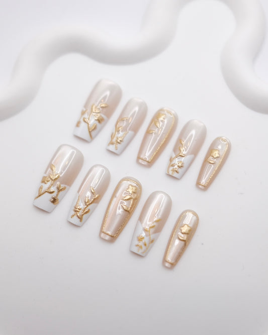 Long Coffin Pink & White French Manicure With Gold Embossed Flower Press On Nails