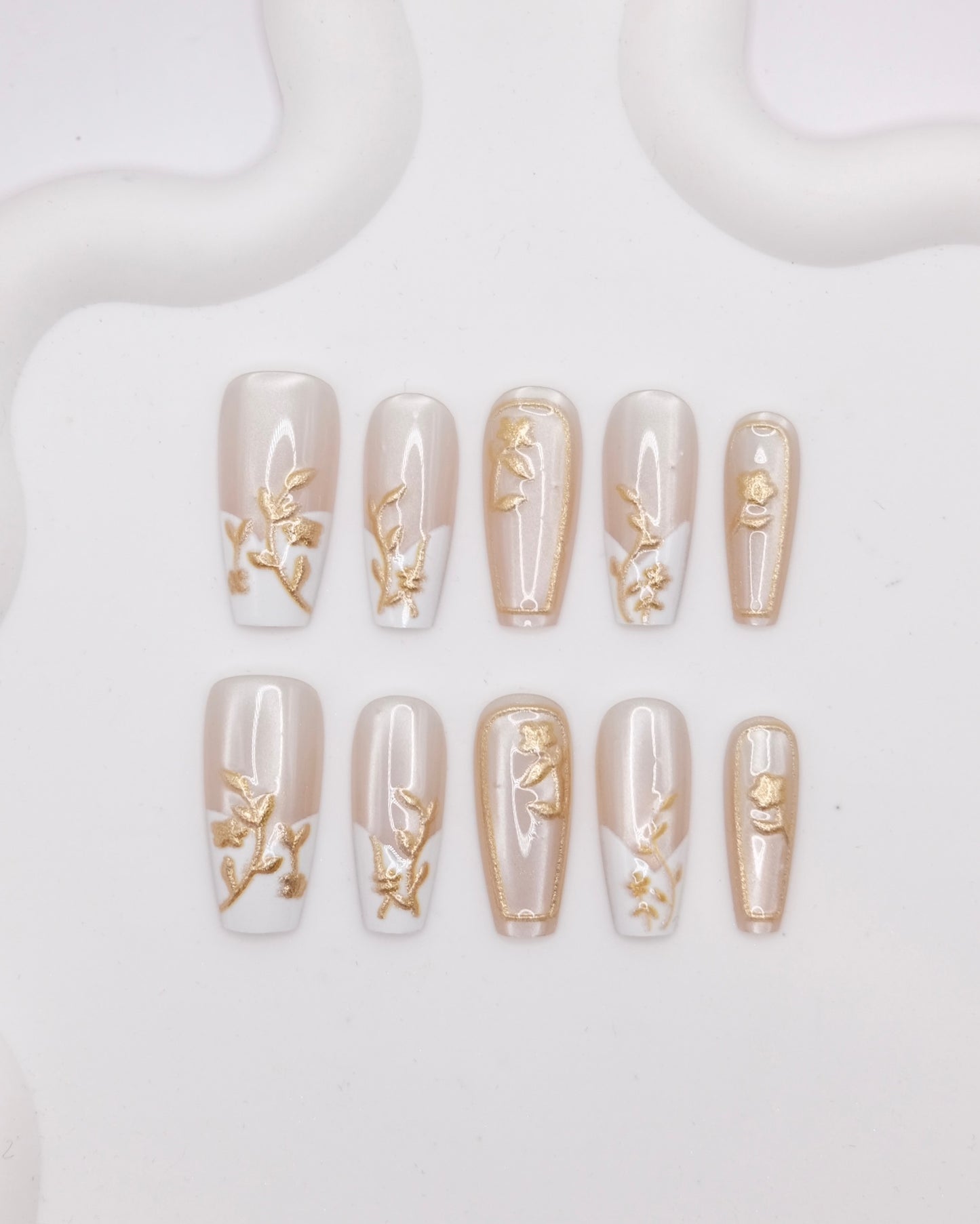 Long Coffin Pink & White French Manicure With Gold Embossed Flower Press On Nails