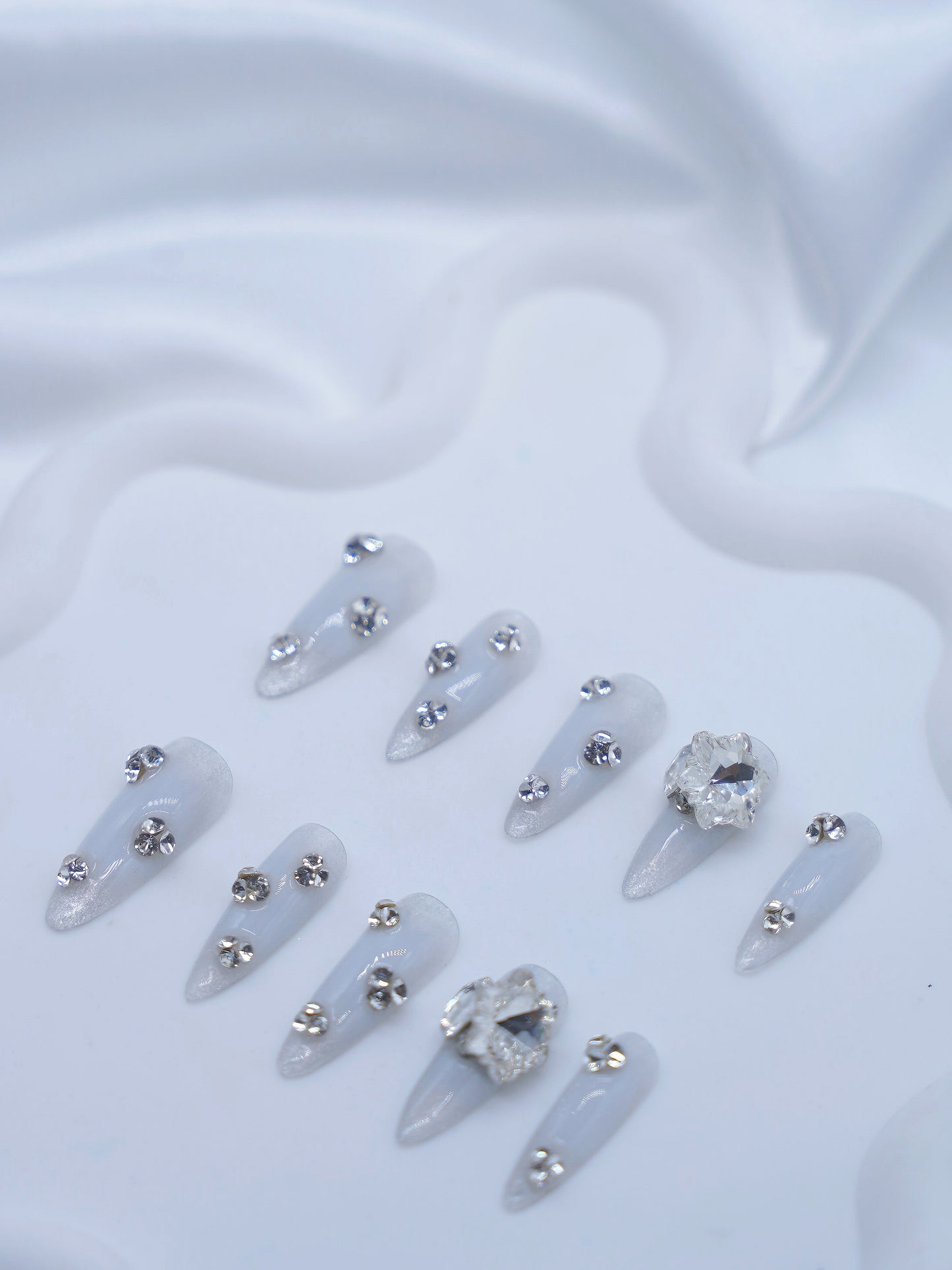 Long Stiletto Blue & Shiny Diamond Press On Nails