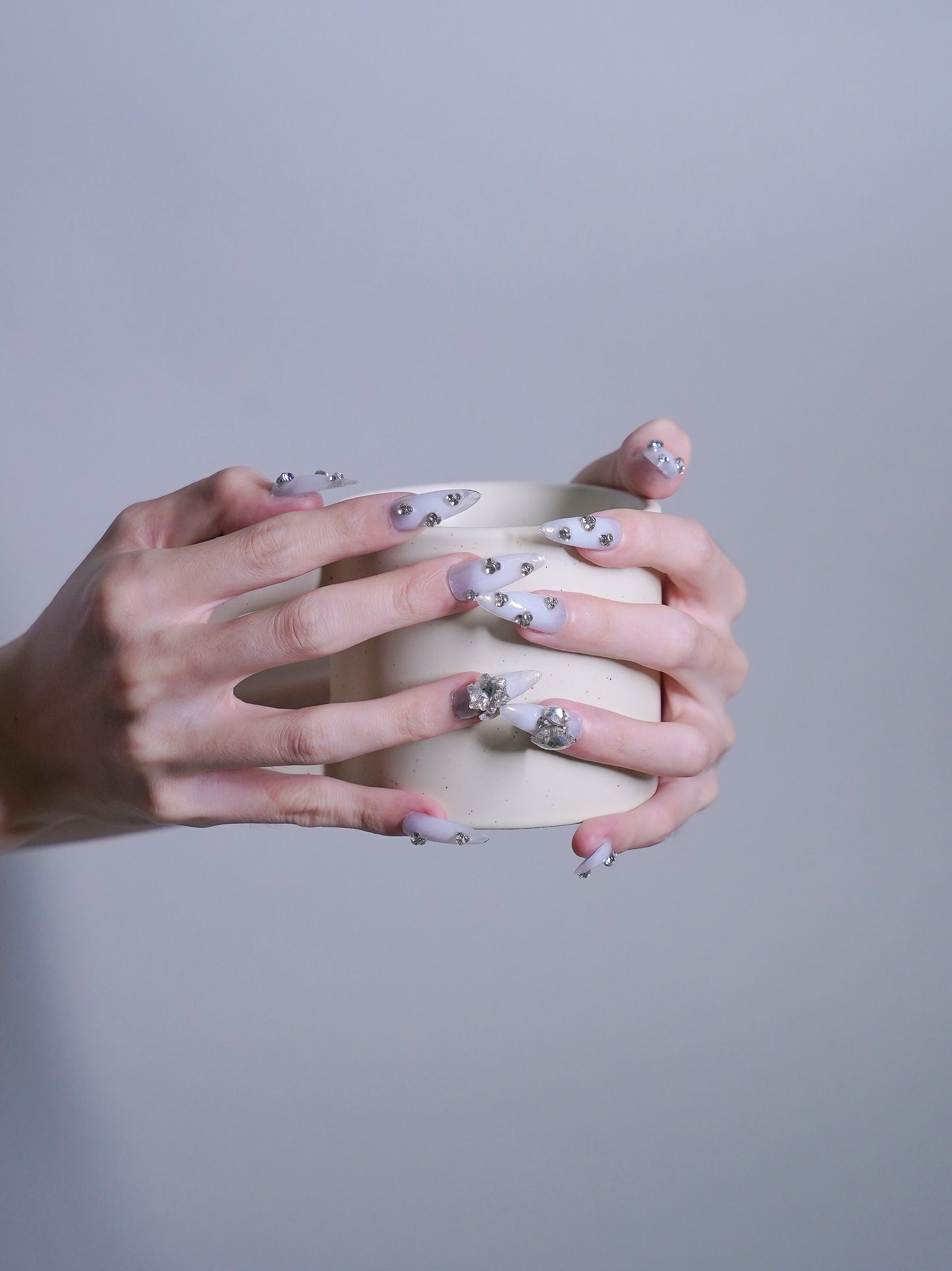 Extra Long Stiletto Blue & Shiny Diamond Press On Nails