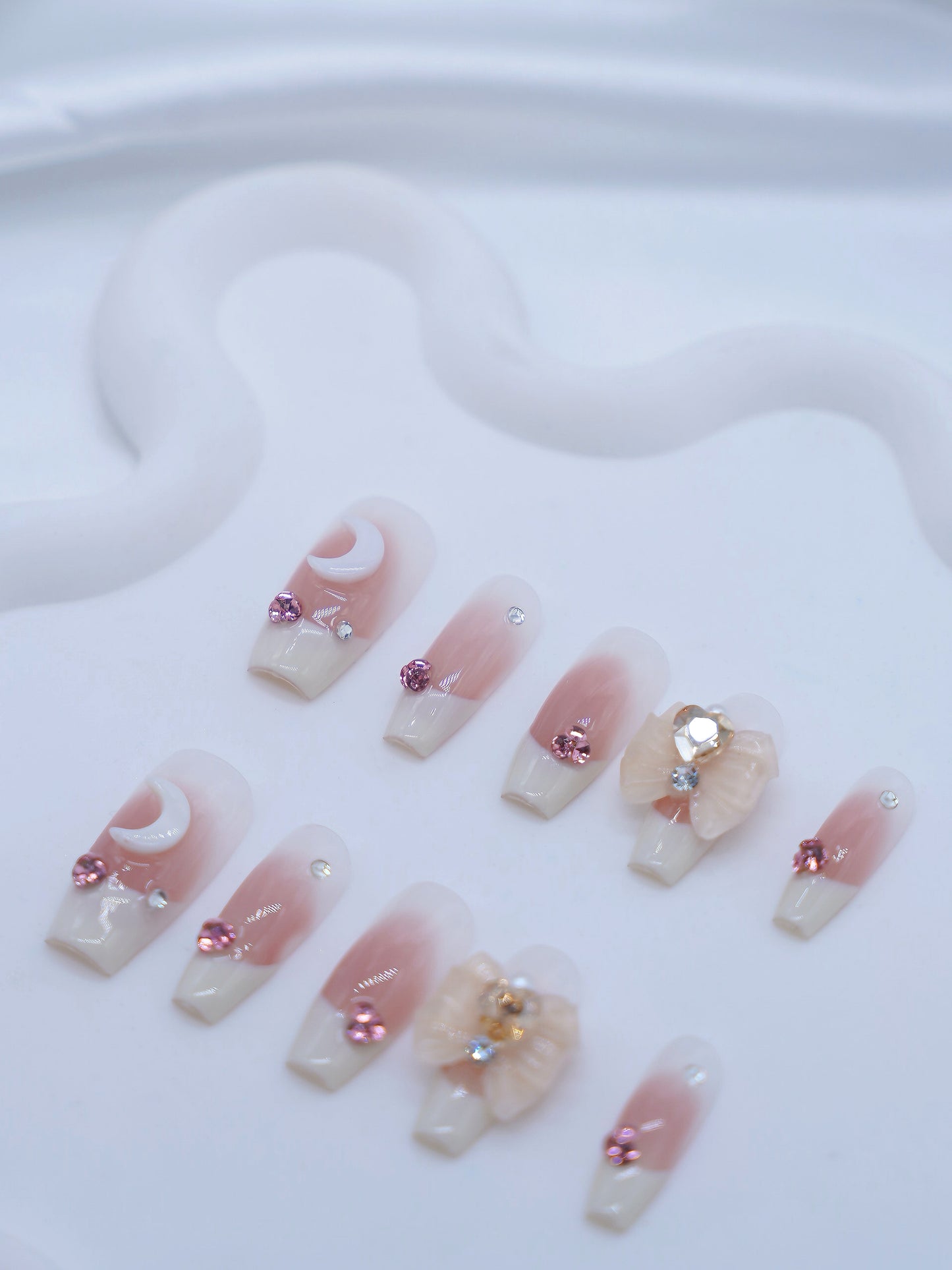 Long Coffin Pink & White Bow Tie Jewelry With Diamond Press On Nails