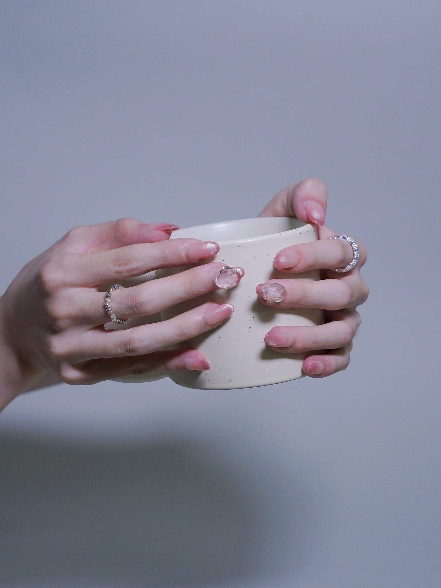 Mid-Long Oval Pink Peach & Gem Press On Nails