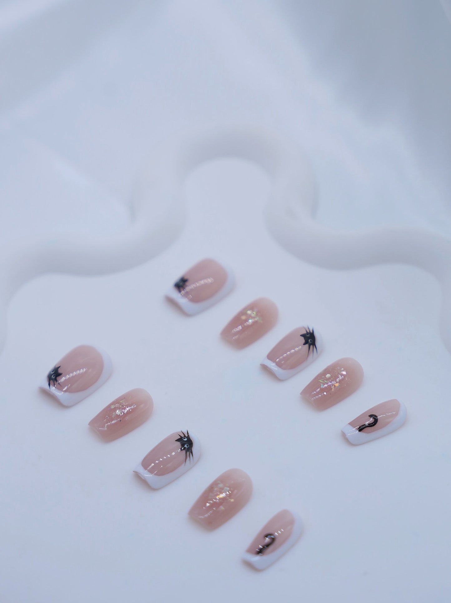 Short Coffin Pink Shiny Cute Cat Press On Nails
