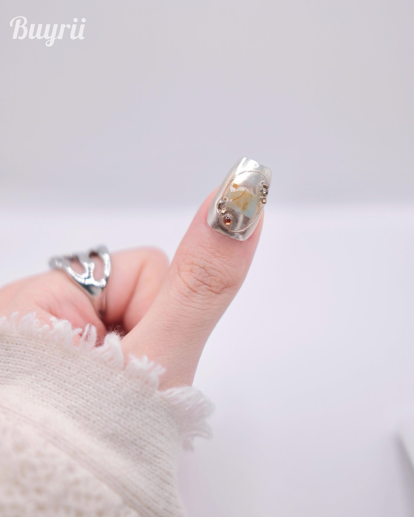 Mid-Long Coffin Silver Mirror & Diamond Press On Nails