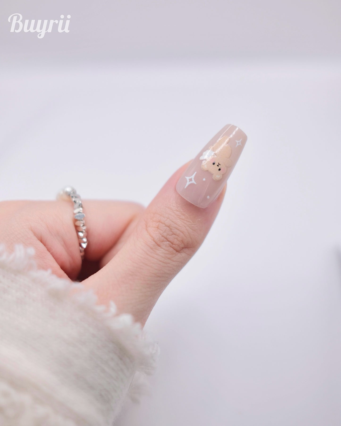 Long Coffin Cutie Bear Angel Press On Nails