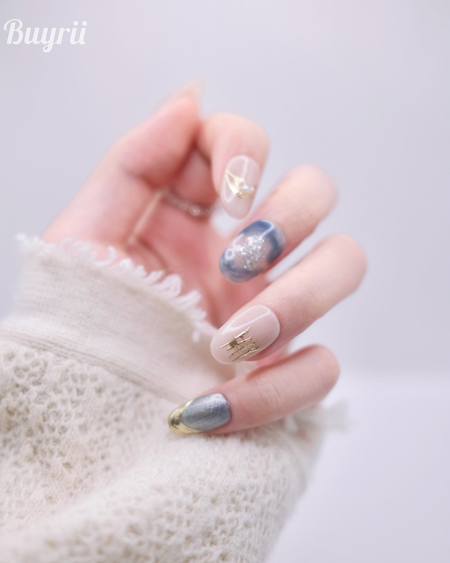 Mid-Long Oval Colorful With Embossed Flower Press On Nails